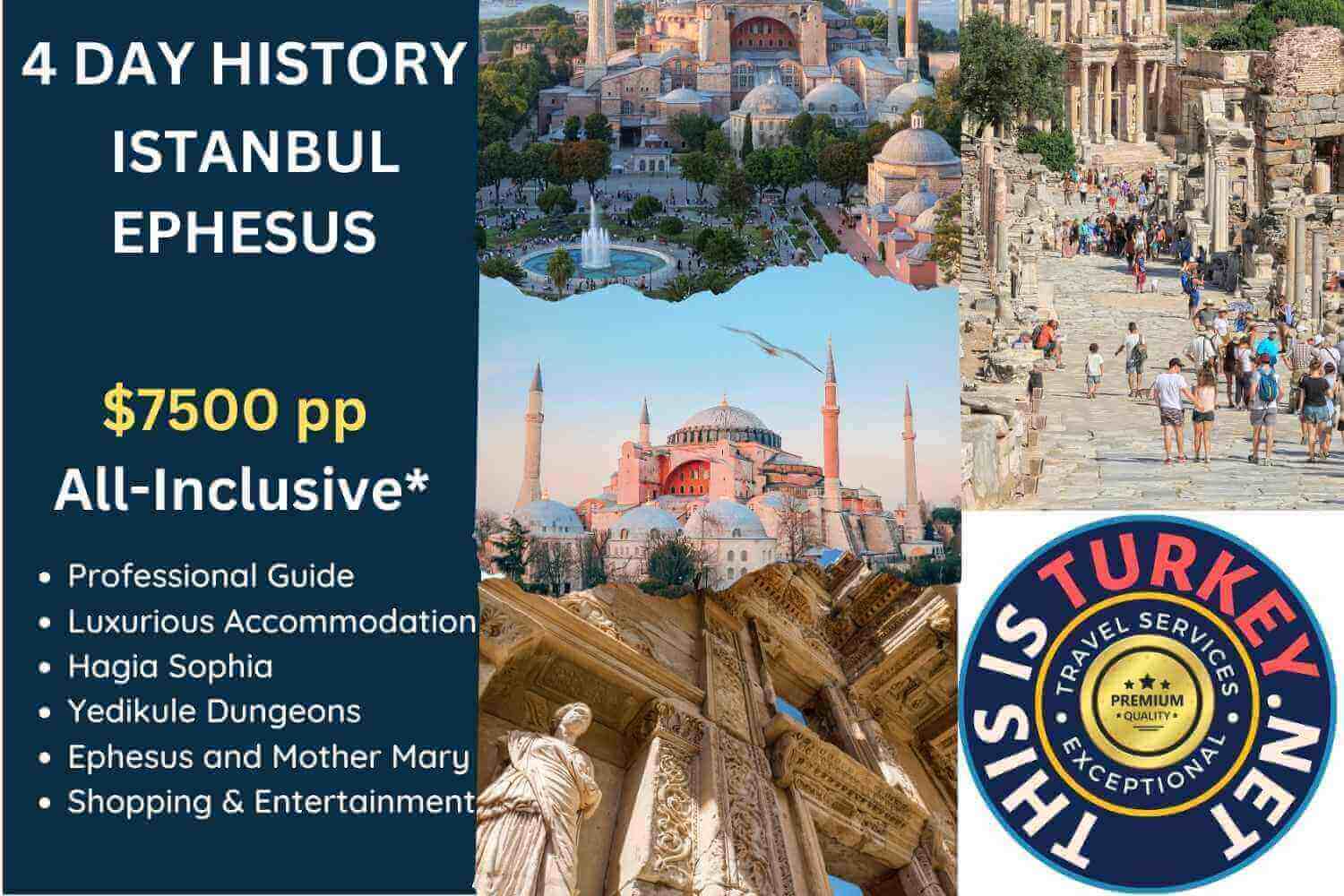 This tour is ideal for couples or small families who wish to have a short break with no hassles where History and faith are combined. This fantastic four-day tour starts and ends in Istanbul. There is a minimum of two people required for booking.