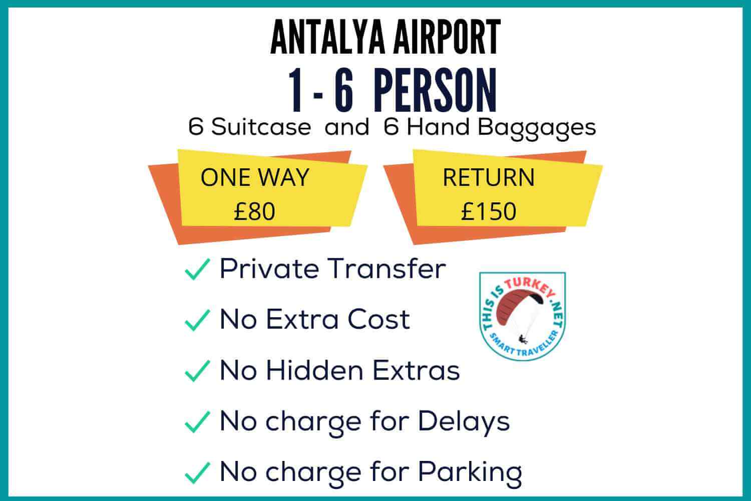 Our Private Transfer service to Hotels in from Antalya Airport comes with no extra cost and hidden extras. All our Airport Transfer vehicles are comfortable and Airconditioned, and drivers are experienced locals.