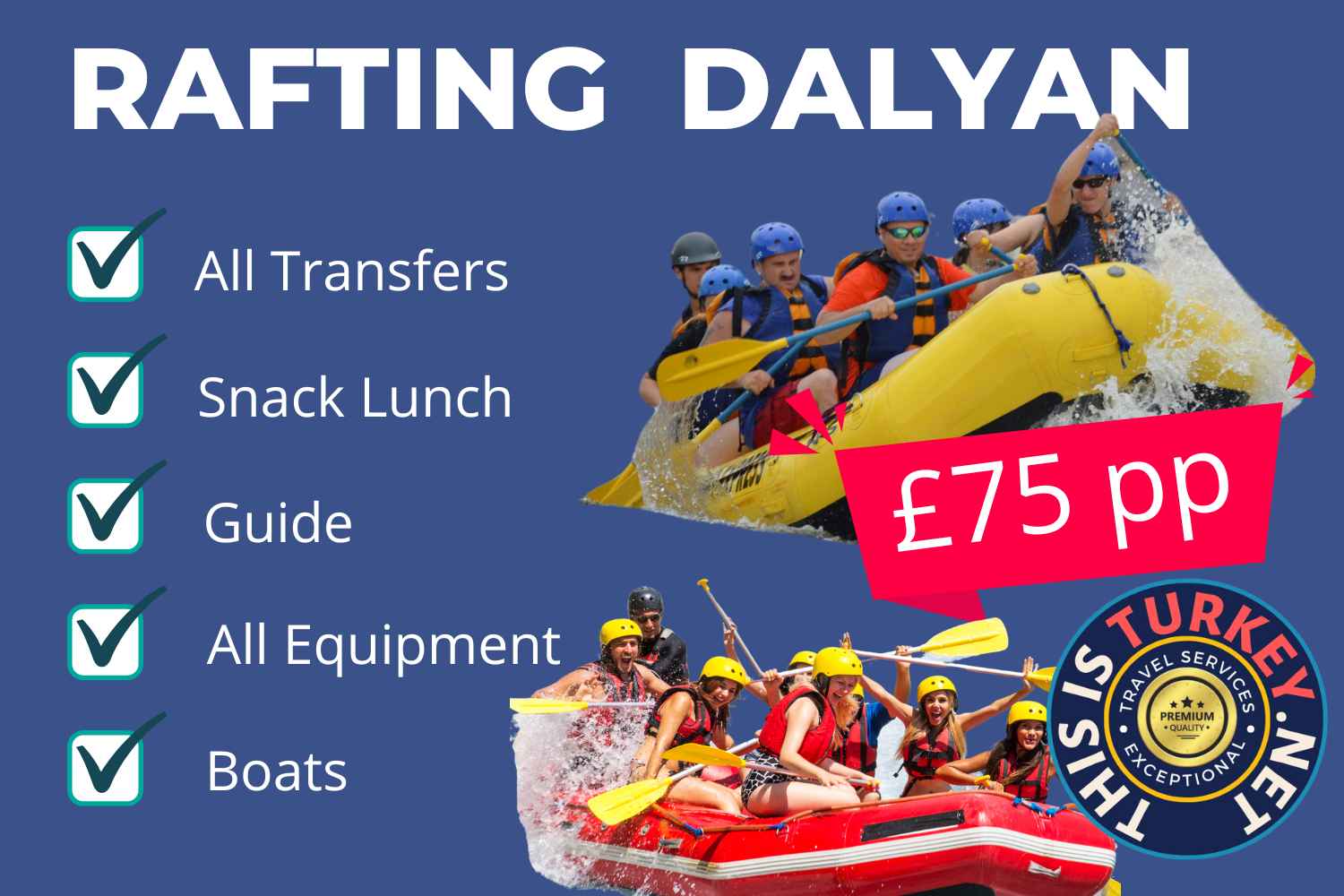Dalyan excursions and activities, things to do. Rafting , pick up and return transfers are included.